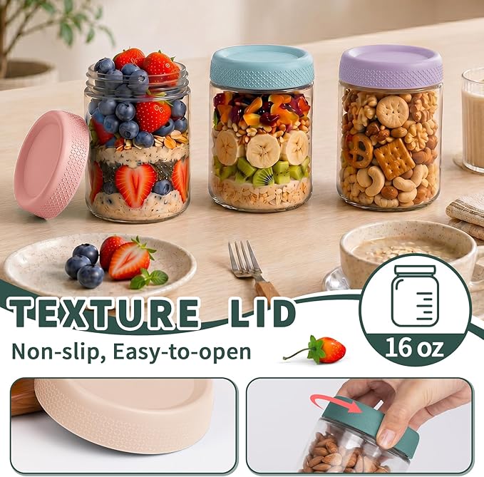 Overnight Oats Containers with Lids, Mason Jars 16 oz, Glass Storage Jars | 12 Pack Wide Mouth Glass Jars with Airtight Lid, Small Parfait Cups with Lids for Yogurt, Storage, Chia, Snack, Spice, Seed