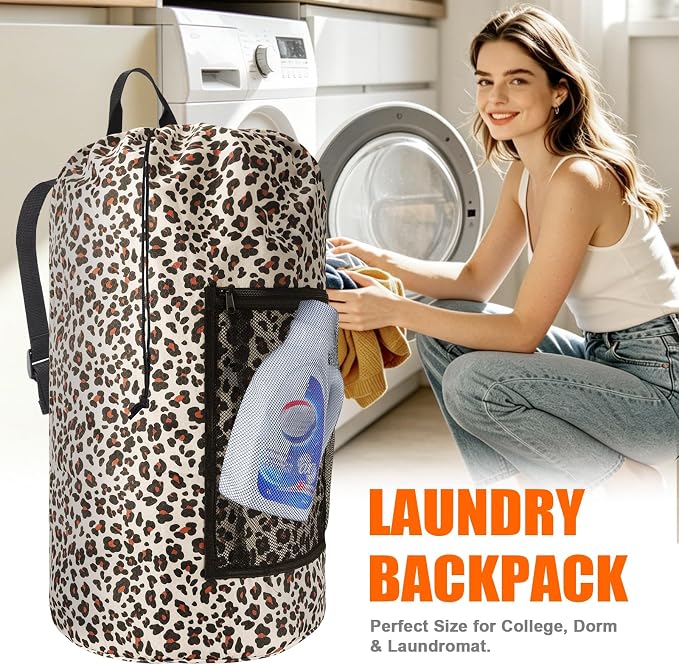 Laundry Bag Backpack Durable Laundry Bag with Shoulder Straps and Mesh Pockets Portable Laundry Hamper Dirty Clothes Bag for College, Travel, Laundromat, Apartment (Leopard Print)