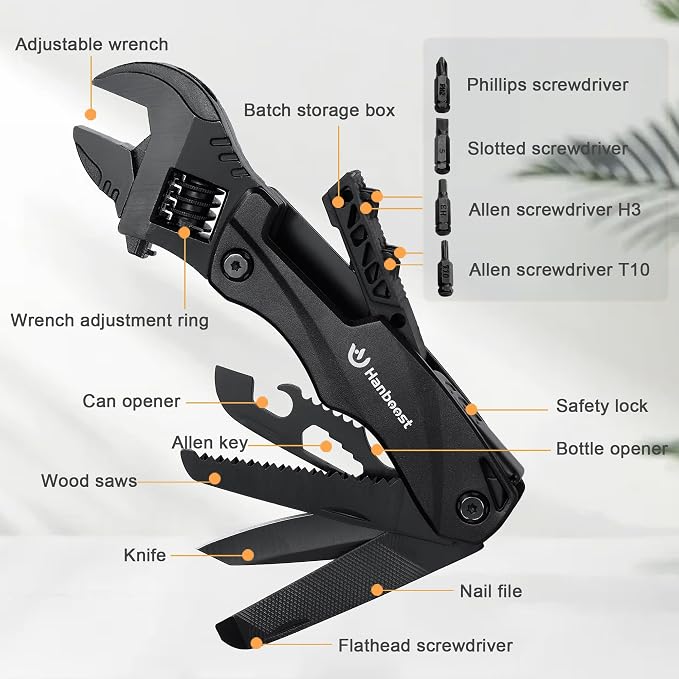 Multitool Wrench Wide Jaw Opening Cmaping Gear, Gift for Him and Her, 12 in 1 Multi Purpose Pocket Size EDC Gadget With Screwdriver Cutting Saw Bottle Opener for Maintenance, Camping and DIY
