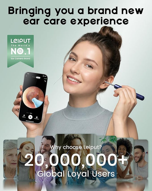 LEIPUT Ear Wax Removal - Earwax Remover Tool with 8 Pcs Ear Set - Ear Canal Cleaner with 1080P Camera - Ear Cleaning Kit with 6 Ear Spoon - Ear Camera for iOS & Android (Navy Blue)