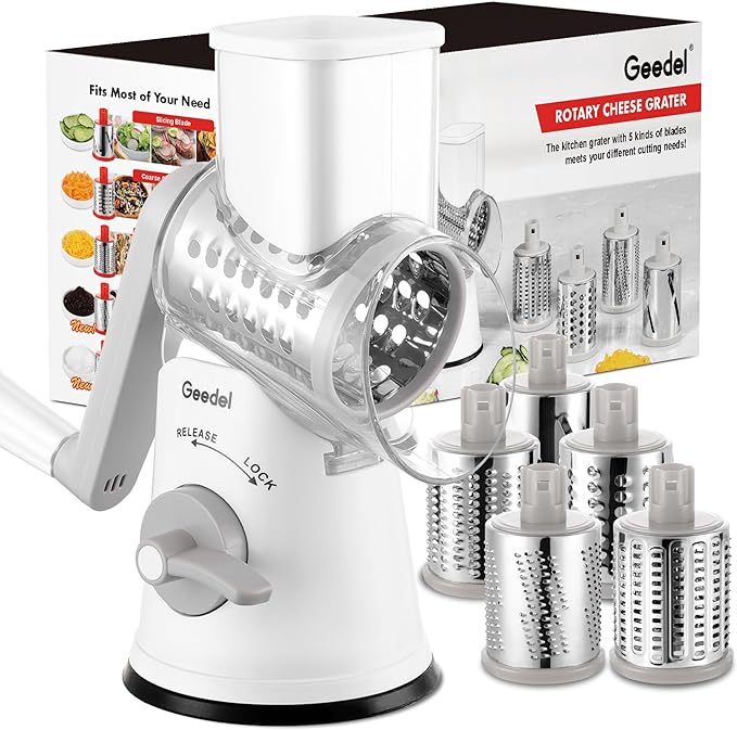 Geedel Rotary Cheese Grater Cheese Shredder - Upgraded 5-in-1 Cheese Grater with Handle and Strong Suction Base, Multi-purpose Vegetable Slicer Ice Shaver Nuts Grinder for Cheese, Vegetables, Ice