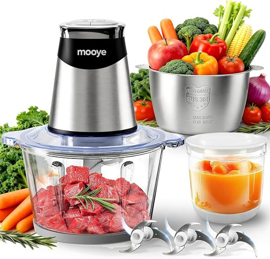 Food Processors Electric Food Chopper with Meat Grinder & Vegetable Chopper - 3 Bowls(8Cup+8Cup+3Cup) with Powerful Copper Motor - Includes 3 Sets of Bi-Level Blades for Fruits/Meat/Nuts