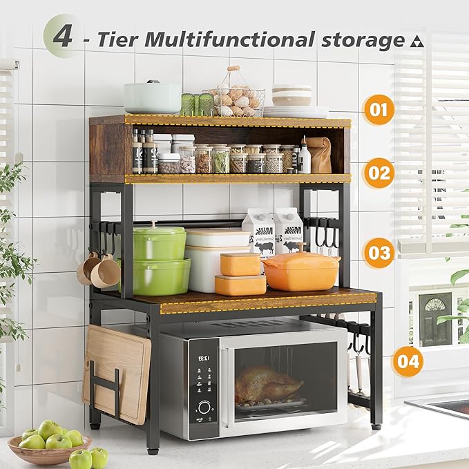 EnHomee 4-Tier Microwave Stand for Kitchen Storage, Brown | 205 lb Capacity, Adjustable Kitchen Shelves with 9 Hooks & Cutting Board Rack
