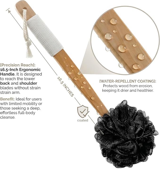 Long Handle Back Scrubber for Shower - About 16.5" Bath Brush with Non-Slip Grip - Body Loofah for Deep Exfoliation, Skin Polishing & Limited Mobility