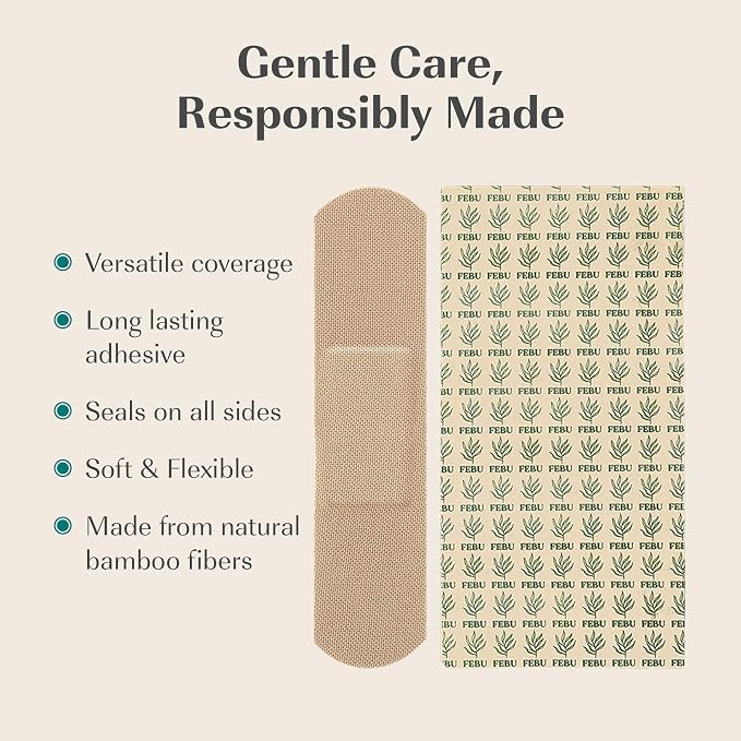 FEBU PFAS Free Bamboo Fabric Bandages, 75 Count Strip | Eco-Friendly, Flexible Fabric, Natural Hypoallergenic, Fully Compostable, Latex Free, For First Aid, Cuts and Scrapes