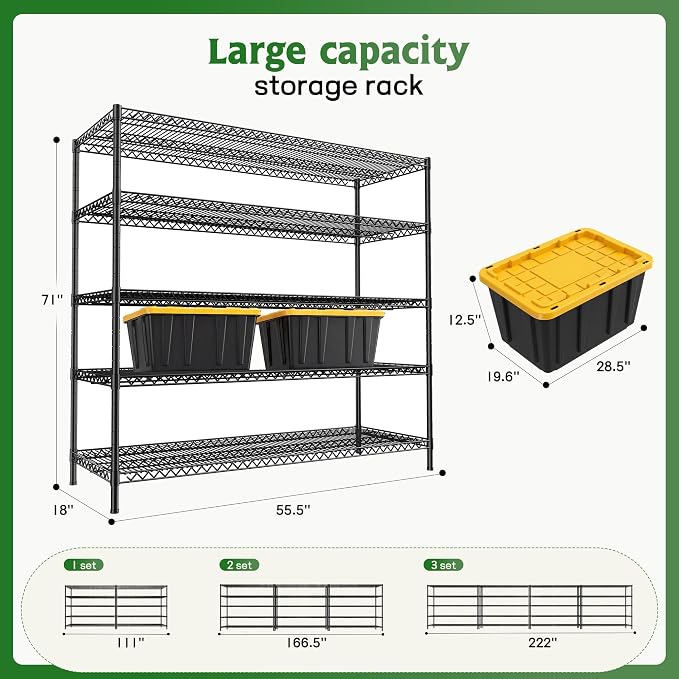 REIBII Storage Shelves, 3200LBS Heavy Duty&Adjustable Height for Garage | 55.5" W Shelf Space Saving, 5 Tier metal shelving, Powder Coated wire shelving, Moisture Resistant, for Pantry Basement