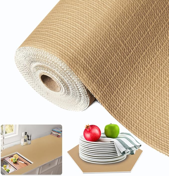 Beautysaid Shelf and Drawer Liner for Kitchen Cabinet Non Adhesive Non Slip | Shelf Paper Waterproof Washable Thickened for Dresser Pantry Shelve Bathroom Protector Liner(Beige,12 in x 20FT)