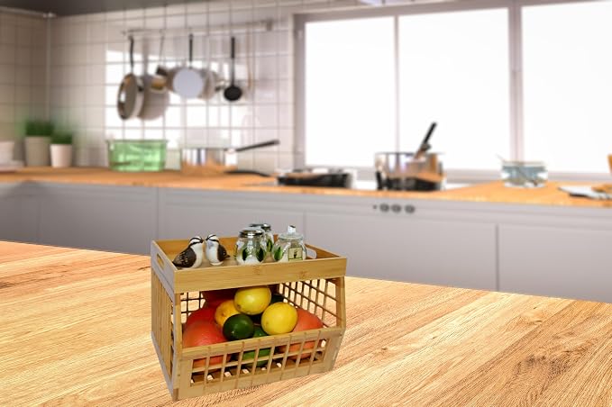 Bamboo Stackable, Open Front, Medium Storage Bins with Serving Tray Lid