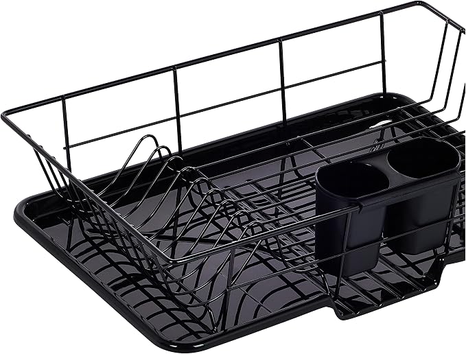Sweet Home Collection Metal, Plasic ,Dish Drainer Drain Board and Utensil Holder Simple Easy to Use, 12" x 19" x 5", Black