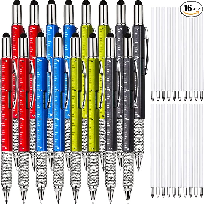 Zhanmai 16 Pcs Multi Tool Pens for Men, 6 in 1 Multitool Ballpoint Pen with Screwdriver Ruler Level Stylus Refills, Bulk Gifts for Employees Office Gadget Supplies Birthday Christmas Stocking Stuffers