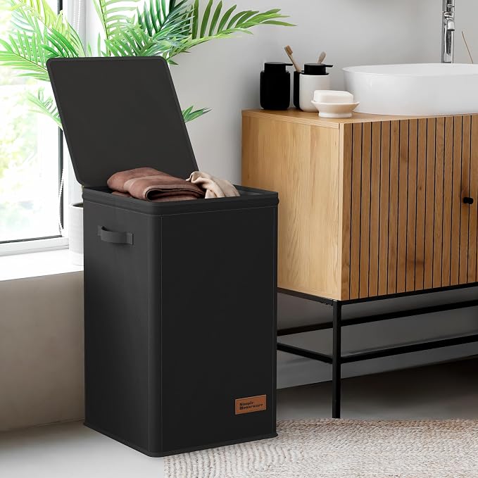 Simple Houseware Foldable Laundry Hamper Basket with Lid and Bag, Black | Heavy Duty 600D Polyester, Water-Resistant Surface