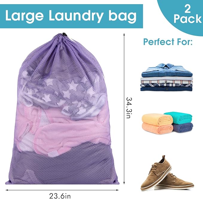 2 Pack Mesh Laundry Bags 23x34 Inch Drawstring Locking for Travel Home | Mesh bags with locking drawstring, Tear-resistant for blankets & towels, Lightweight foldable for travel/dorm