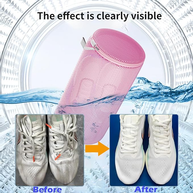 Shoe Washing Machine Bag, Laundry Bag for Sneaker, Pink, 8x15, 2Pcs | Shoe Washing Bag for Footwear, Trainers, Tennis, Slippers, Building Blocks, Sandwish Mesh, Travel, Divided, Prevent Tangling