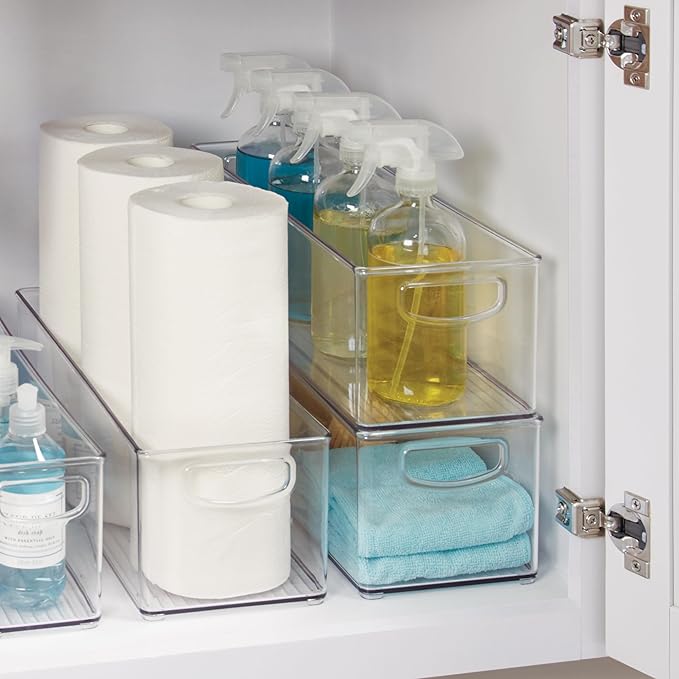 iDesign Plastic Stackable Pantry Bin with Handles, Set of 2, Clear | For Kitchen Cabinets or Fridge, Made in USA