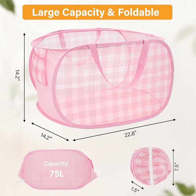 Sturdy Collapsible Laundry Baskets - Pop Up Laundry Hampers with Handy Pocket, Foldable Clothes Hamper with Reinforced Carry Handles for Bathroom, Kids Room, Dorm or Travel - Check Print, Pink