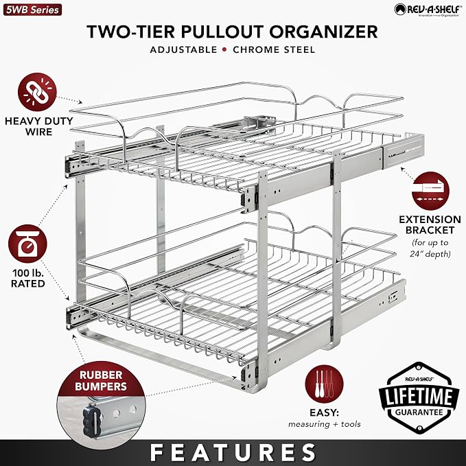 Rev-A-Shelf Pullout Organizer for Cabinets, Min Opening Width of 18" | STwo-Tier Steel Shelf for Kitchen or Vanity Cabinet Organization, Heavy Gauge Wire Slide Out Storage Basket, 5WB2-1822CR-1