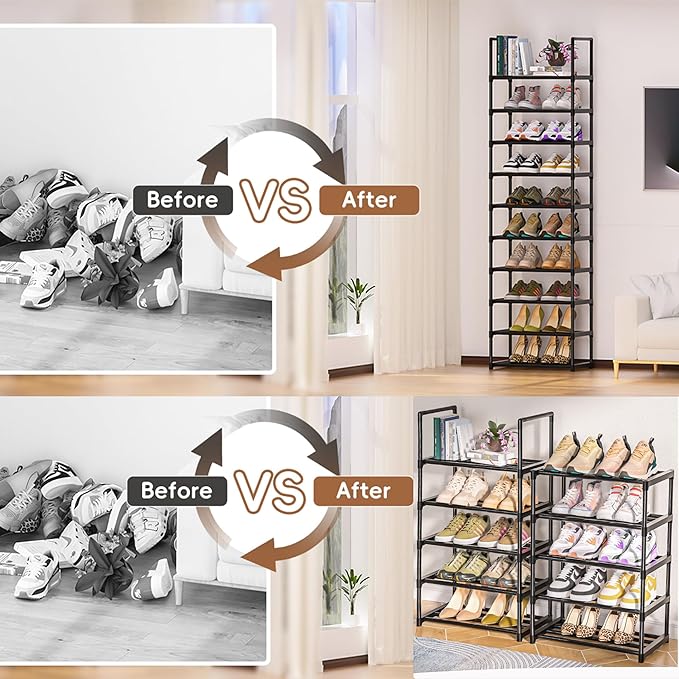 OYREL Shoe Rack - Sturdy Metal Shoes Storage Organizer for Closet, Entryway | Garage, Door Entrance, Space Saving 10-Tier Narrow Shoe Shelf, Stackable Free Standing Shoes Holder