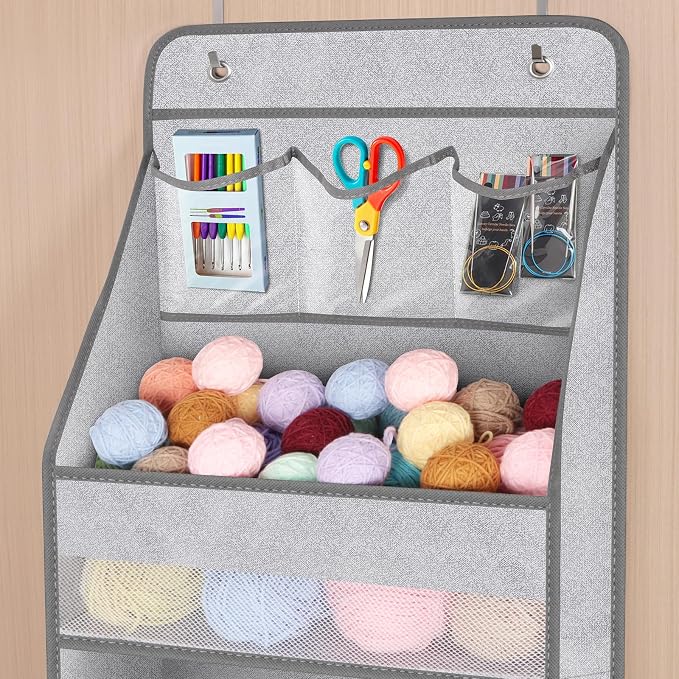 Univivi 6-Shelf Over Door Hanging Organizer Fabric Baby Door Storage with 5 Large Pockets and 3 Small PVC Pockets Wall Mount Hanging Storage Organizers for Baby Essential (Grey Pattern)
