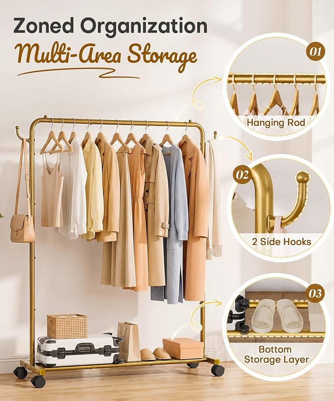 Homde Rolling Clothes Rack with Hooks: Standing Garment Storage for Indoor - Hanging Rod for Bedroom Laundry Room - Coat Dress Organizer on Wheels with luggage shelf (Gold, 46.5")