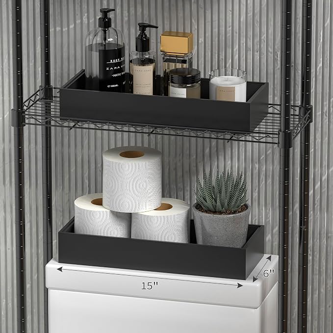Kitchen Drawer Organizer Bins, Stackable Bamboo Drawer Organizer for Silverware, 2 Pcs Toilet Paper Basket Holder, Wood Bathroom Tray Countertop, Toilet Tank Tray Black 15" x 6" x 2.5"