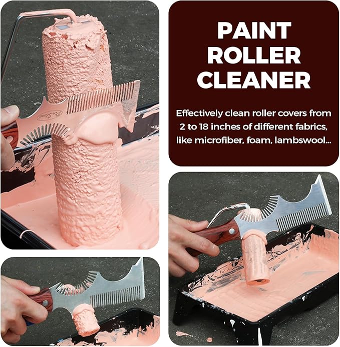 8-in-1 Paint Brush Comb and Paint Roller Cleaner Tool | with Can Opener, Solvent-Resistant Stainless Steel Teeth, Beech Wooden Handle, Putty Scraper,All Paintbrush & Roller Cleaning
