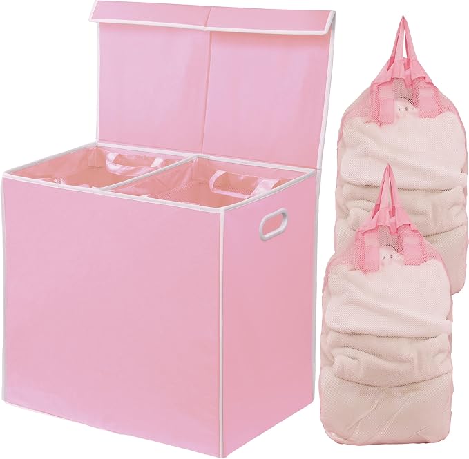 Simple Houseware Double Laundry Hamper with Lid & Removable Bags, Pink
