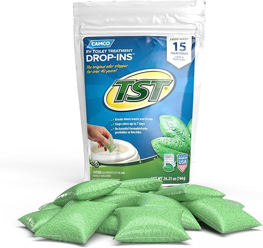Camco TST RV Toilet Treatment Drop-INs - Control Unwanted Odors and Break Down Waste and Tissue - Septic Tank Safe - Fresh Scent - 15-pack (40264)