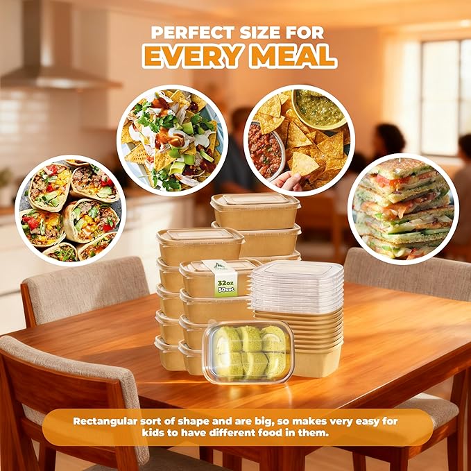 Kaderron 50 Pack 20 OZ Large Paper Bowls with Lids with Spoons and Forks, Heavy Duty Disposable Meal Prep Containers for Party, Soak-Proof and Microwave Safe for Hot/Cold Use