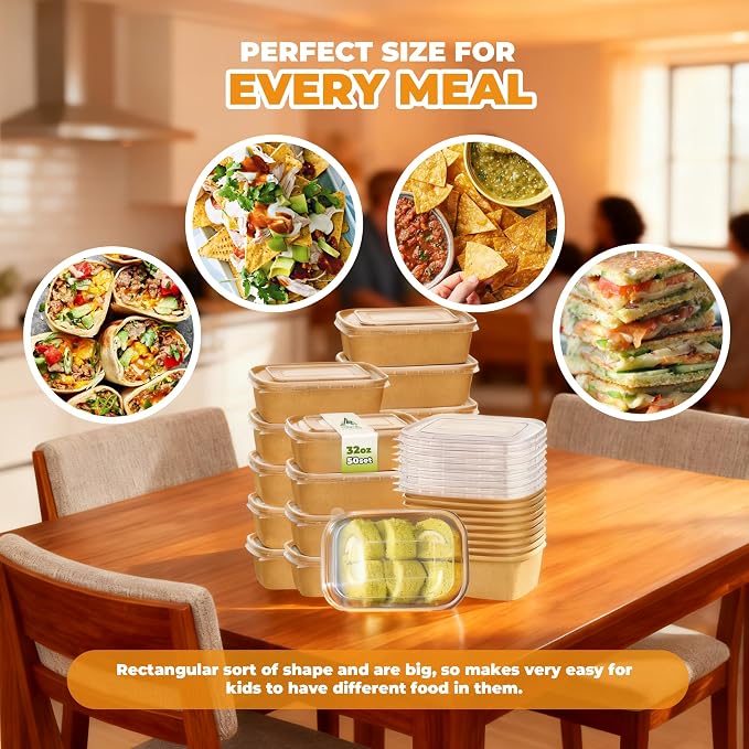 Kaderron 50 Pack 29 OZ Large Paper Bowls with Lids【with Spoons and Forks】, Heavy Duty Disposable Meal Prep Containers for Party, Disposable Bowls Bulk Soak-Proof and Microwave Safe for Hot/Cold Use