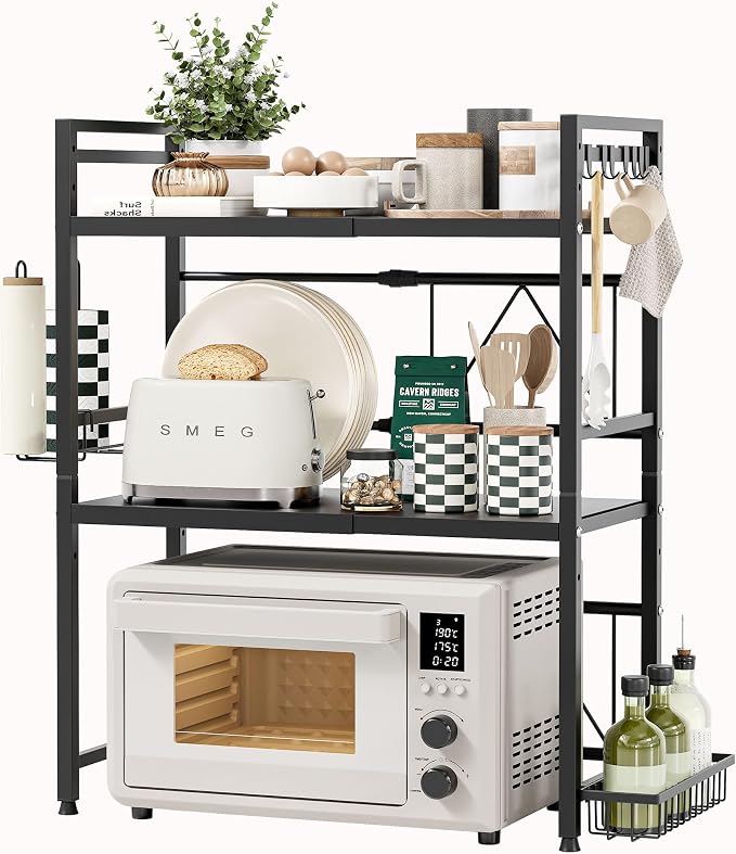 NETEL 3 Tier Expandable Microwave Stand countertop,Microwave Oven Rack | microwave shelf, storage shelf for pans &appliances,with Paper Towel Holder and Baskets，55 Lbs load Per Tier,Black