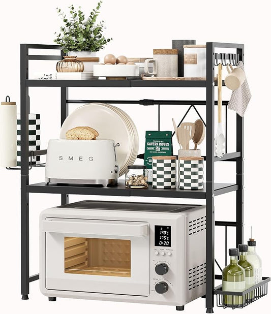 NETEL 3 Tier Expandable Microwave Stand countertop,Microwave Oven Rack | microwave shelf, storage shelf for pans &appliances,with Paper Towel Holder and Baskets，55 Lbs load Per Tier,Black