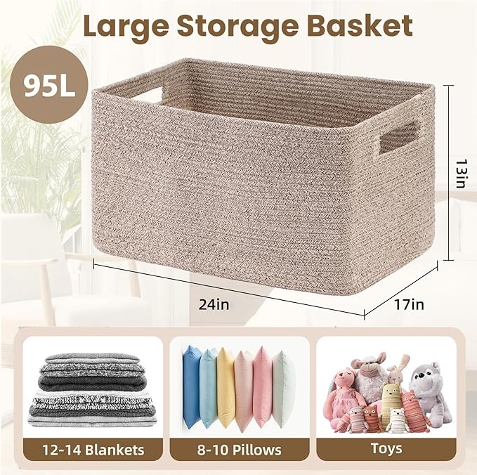 Optish 95L Large Blanket Basket, Woven Storage Baskets with Reinforced Handles, Rope Laundry Basket for Living Room, Bedroom, Nursery, Toys, Clothes,Pillows, 24” x 17” x 13.5”, Brown