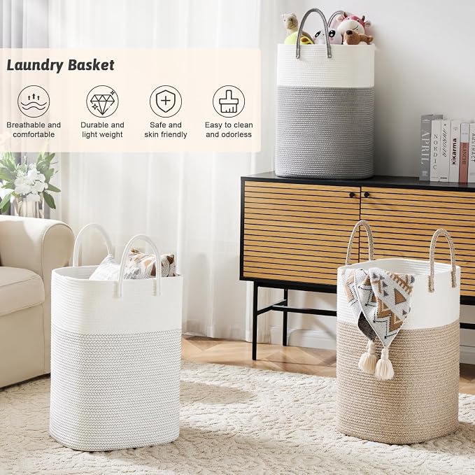 Artfeel Laundry Basket,Woven Cotton Rope Laundry Hamper,40L Versatile Storage for Dirty Clothes,Baby Toys,and Blankets in Bathroom, Nursery,and Living Room