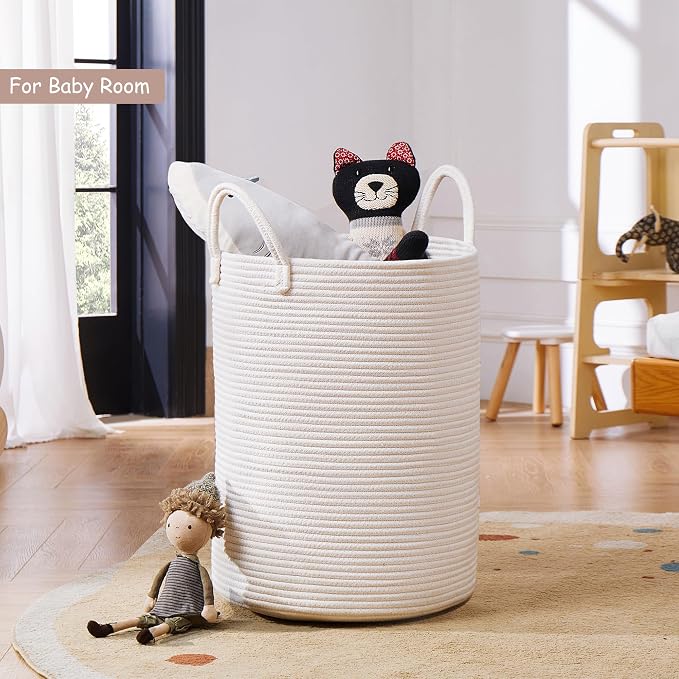 80L Extra Large Laundry Hamper Tall Woven Laundry Basket, White | Blanket Basket for Living Room, Clothes Hamper in Bedroom, 16"L x 16"W x 22"H