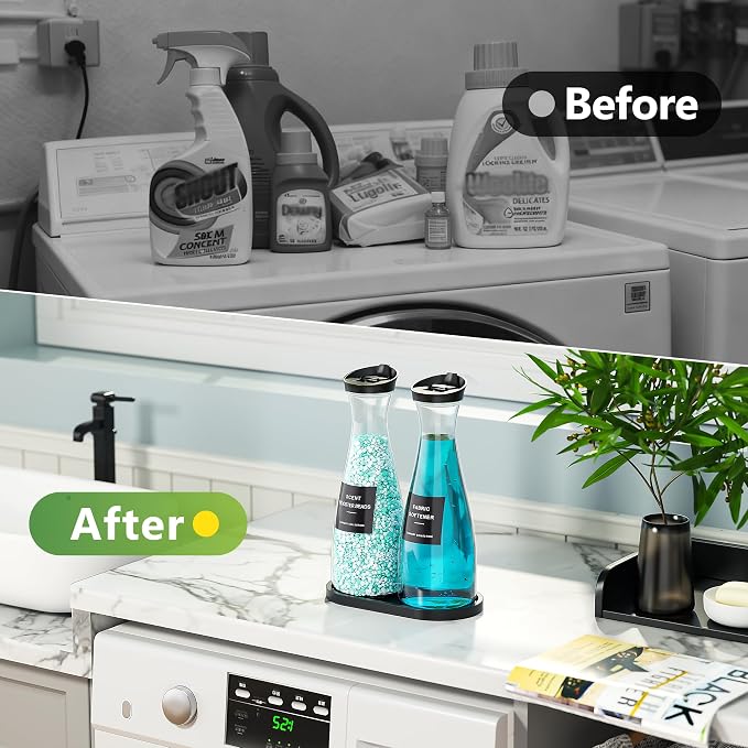2 Pack Laundry Detergent Dispenser Container, 54OZ Laundry Soap Dispenser | with Tray, Black Laundry Room Organization for Powder, and Fabric Softener