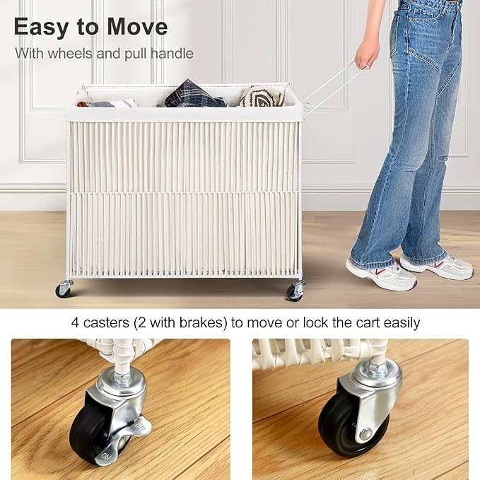 WOWLIVE Laundry Basket 3 Section, Handwoven Laundry Hamper with Wheels | Rolling Clothes Hamper with Lid and Divided Removable Bag, 160L Large Laundry Sorter, Laundry Room Organization, Creamy White