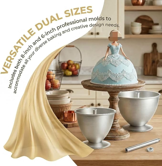 Cedilis 2 Pack Doll Cake Mold, 8 Inch and 6 Inch Princess Skirt Cake Pan, Non Stick Wonder Pan, Easy to Clean