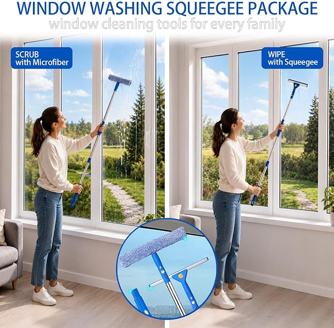 Professional Window Cleaning Kit, 82" Long Handle Window Long Handle Window Squeegee and Microfiber Scrubber, Suitable for Professional Window Cleaning in Cars, Outdoors, Homes and Businesses
