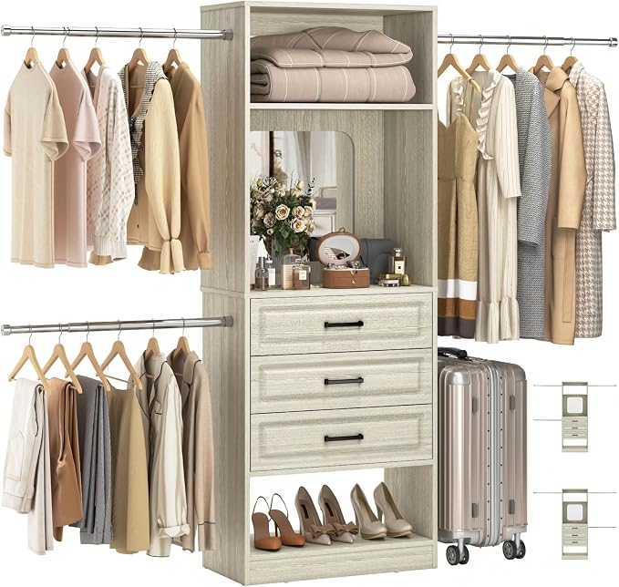 Unikito 48" W - 96” W Closet System with Mirror, 8FT Walk in Closet Organizer with Drawers and 3 Extendable Hanging Rod, Sturdy Wood Clothing Garment Rack with 25” Tower, Max Load 1000 LBS, White Oak