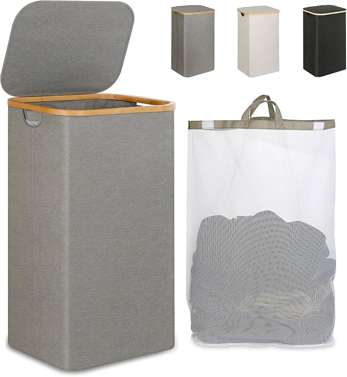 iEGrow Laundry Hamper with Lid, 110L Large Laundry Hamper with Handle and Lid, Collapsible Clothes Basket Organizer with Removable Inner Bag for Clothes Toys Towels - Grey