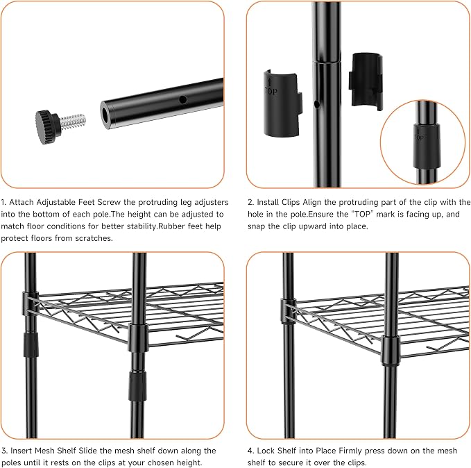 IZEUK 4 Tier Metal Wire Shelf Unit, Black Storage Rack Organizer for Kitchen, Bedroom, Living Room or Laundry Room, 17.7" W x 11.8" D x 41.9" H