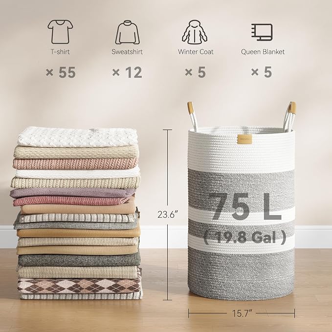 Nunsino 75L Striped Laundry Hamper with Leather Handles,Large Foldable Laundry Basket for Clothes,Cotton Rope Storage Bin for Blankets,Woven Clothes Basket for Bedroom,Gray Stripes