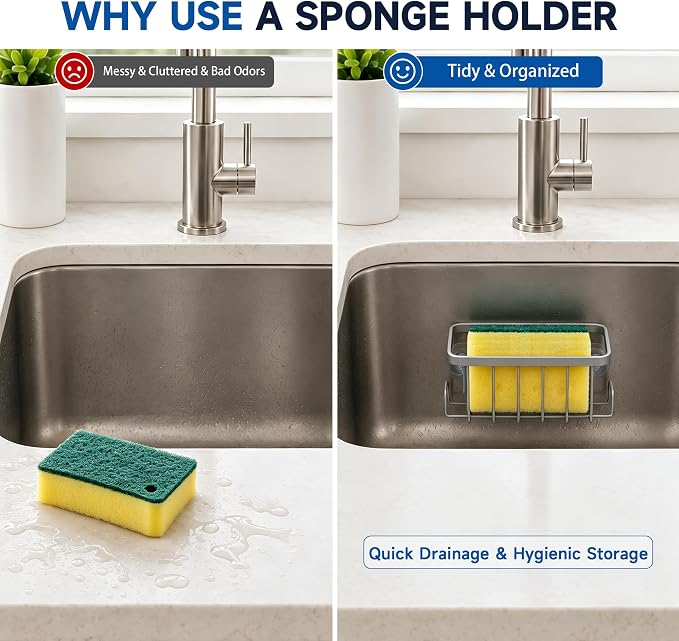 Sponge Holder for Kitchen Sink - Rustproof Coated Sink Caddy with 2 Side Hooks | Heavy Duty Suction Cup In-Sink Organizer for sponge, Scrubber & Stopper, Silver