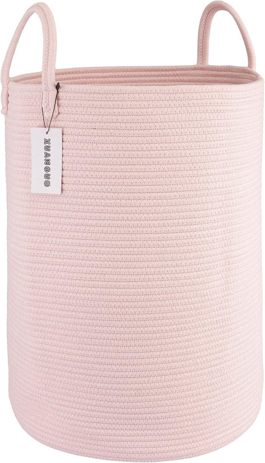 XUANGUO Cotton Rope Laundry Basket Hamper for Clothes Large Light Pink | Woven Storage Basket for Living Room Bedroom Boho Tall Rope Baskets for Blanket Toys Pillow Towels Baby Nursery Hamper Bin