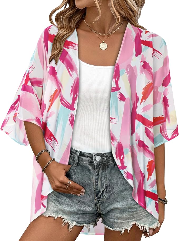 Women Kimono Cardigans Summer Cover Up Hawaiian Shirts Floral Print Tops | ROSEMIA chiffon kimono open front cardigans, beach cover ups, daily casual tops, cruise outfits, summer resort wear