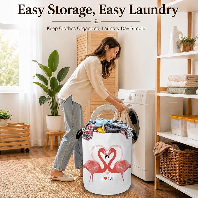 Pink Flamingo Heart Large Clothes Hamper, Portable Collapsible Laundry Basket with Handles, Freestanding Storage Bin for Bedroom Bathroom Dorm Laundry Room