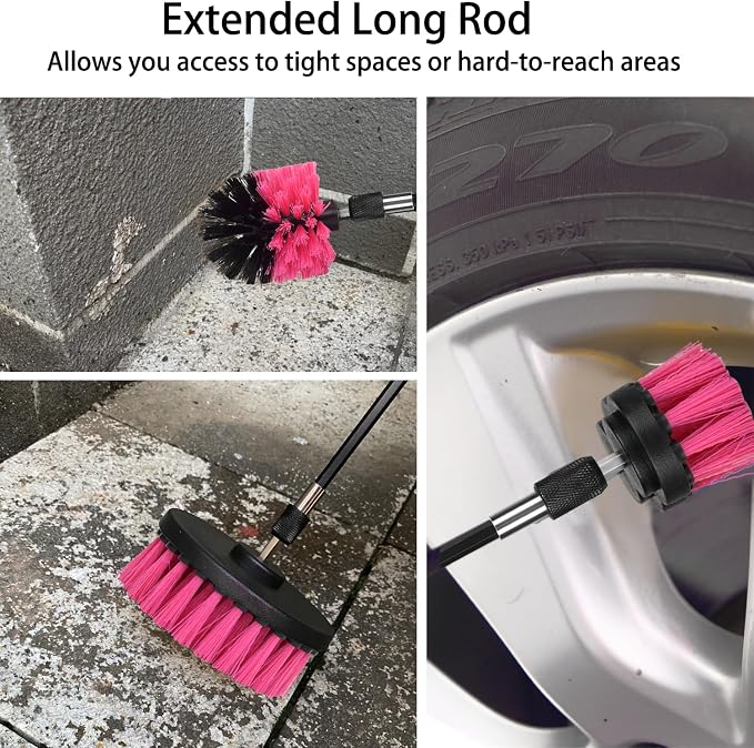 8 Pack Drill Brush Attachment Set, 1/4in Power Scrubber Brush + Extend Long Rod, Multi-Purpose Power Cleaning Scrub Brush for Bathroom, Tub, Tile, Corner, Floor(Hot Pink)