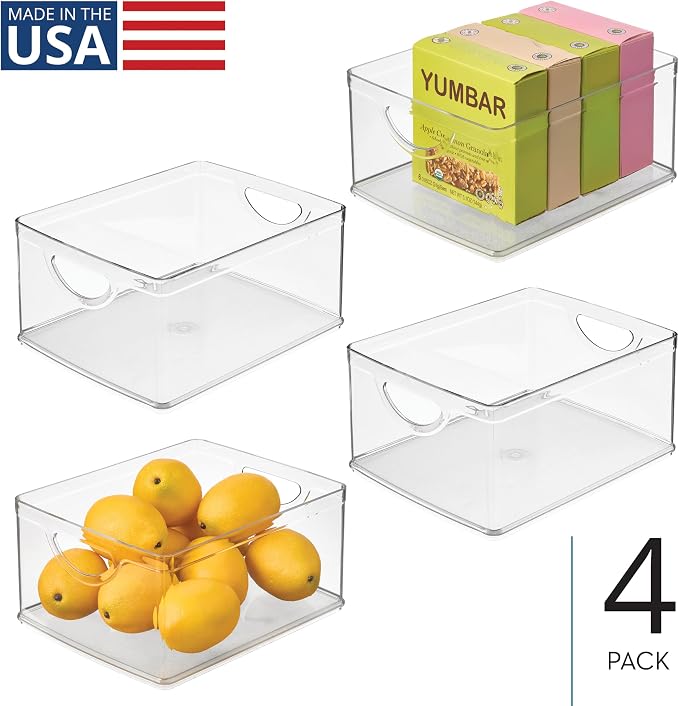 iDesign Plastic Stackable Kitchen Cabinet Storage Bin, Clear, 4-Pack | With Handles, Pantry Organizer