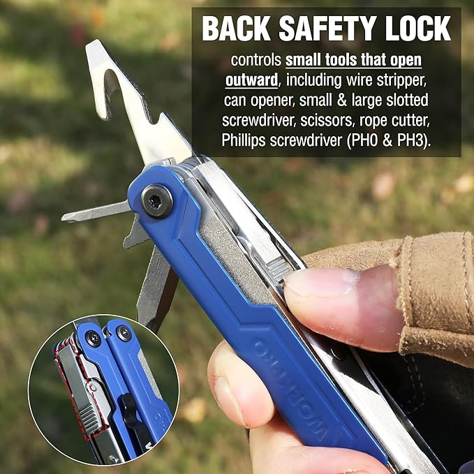 WORKPRO 18-in-1 Multi Tool Pliers Pocket Knife, 2 Safety Locks, EDC, Blue | Gifts for Men Dad Women Wife, Stainless Steel Multitool, Belt Clip and Oxford Pouch, Utility Tool for Camping