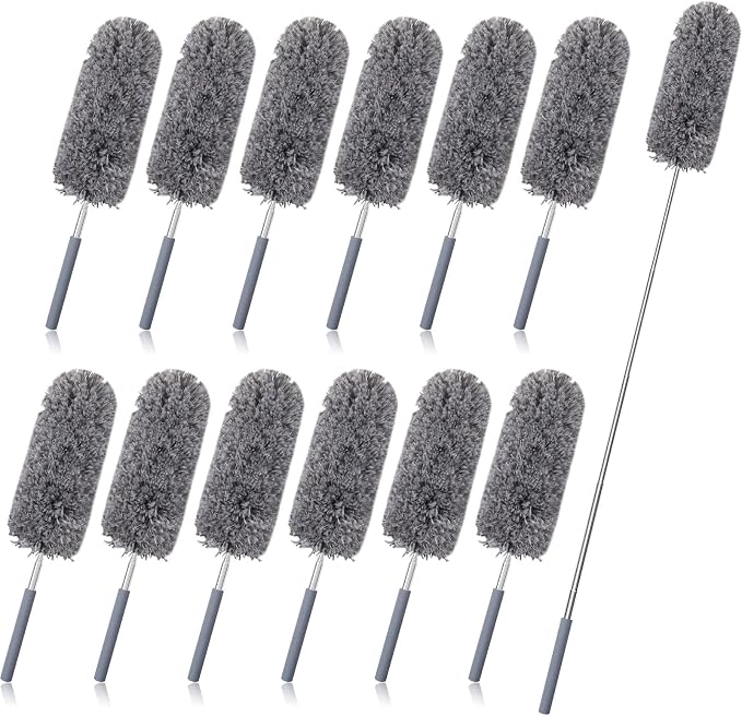 Tanlade 12 Pcs Microfiber Feather Duster for Cleaning, Extendable 13-31 Inch Ceiling Fan Duster with Bendable Head, Washable Tools for Ceiling Fans, Furniture, Car, Cobwebs (Gray)